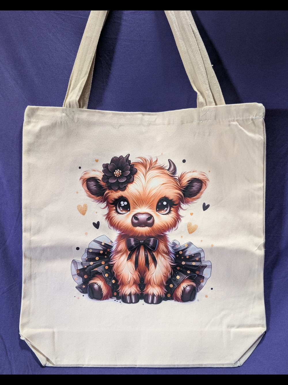 Cute Cartoon Calf Tote Bag — Cream with Black and Gold Accents